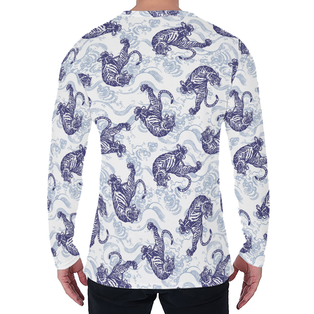 Japanese White Tiger Pattern Print Men's Long Sleeve T-Shirt