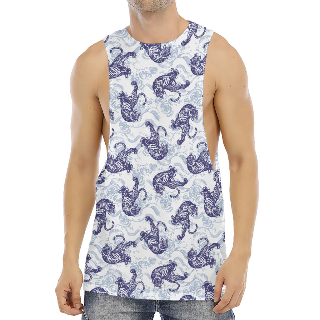 Japanese White Tiger Pattern Print Men's Muscle Tank Top