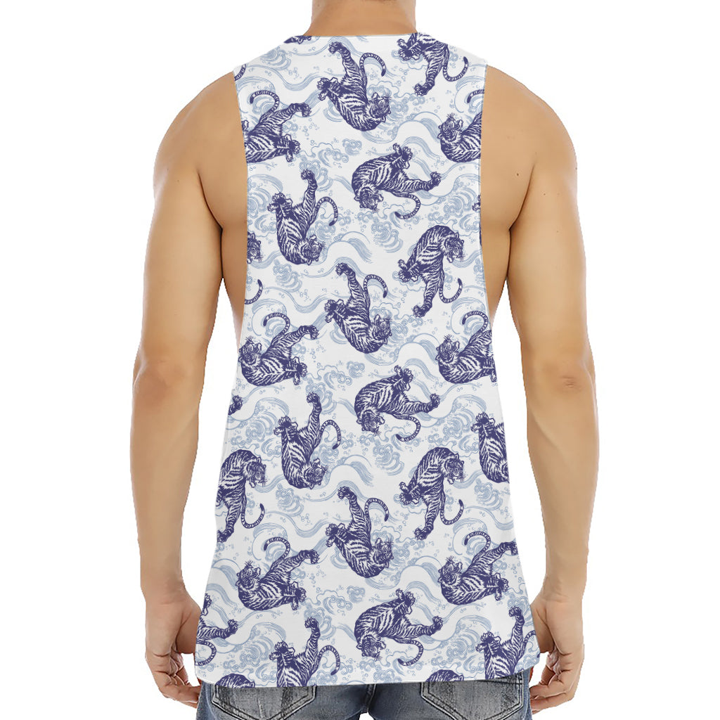 Japanese White Tiger Pattern Print Men's Muscle Tank Top