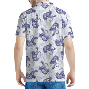 Japanese White Tiger Pattern Print Men's Polo Shirt