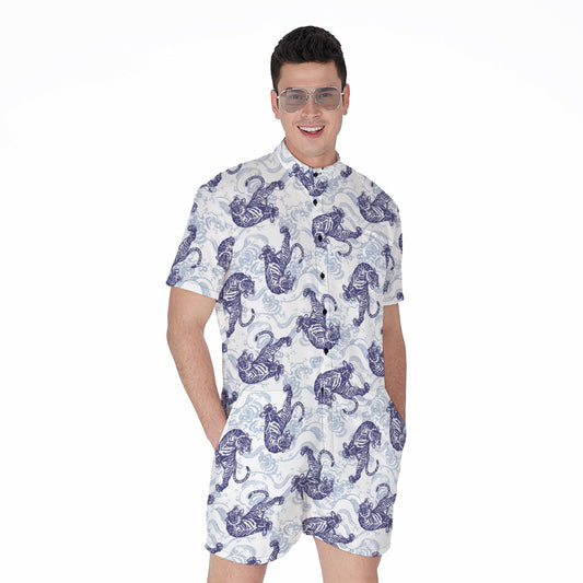 Japanese White Tiger Pattern Print Men's Rompers