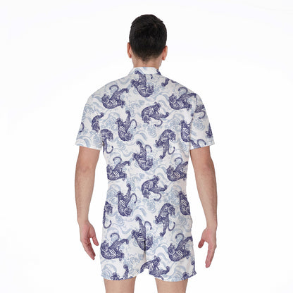 Japanese White Tiger Pattern Print Men's Rompers