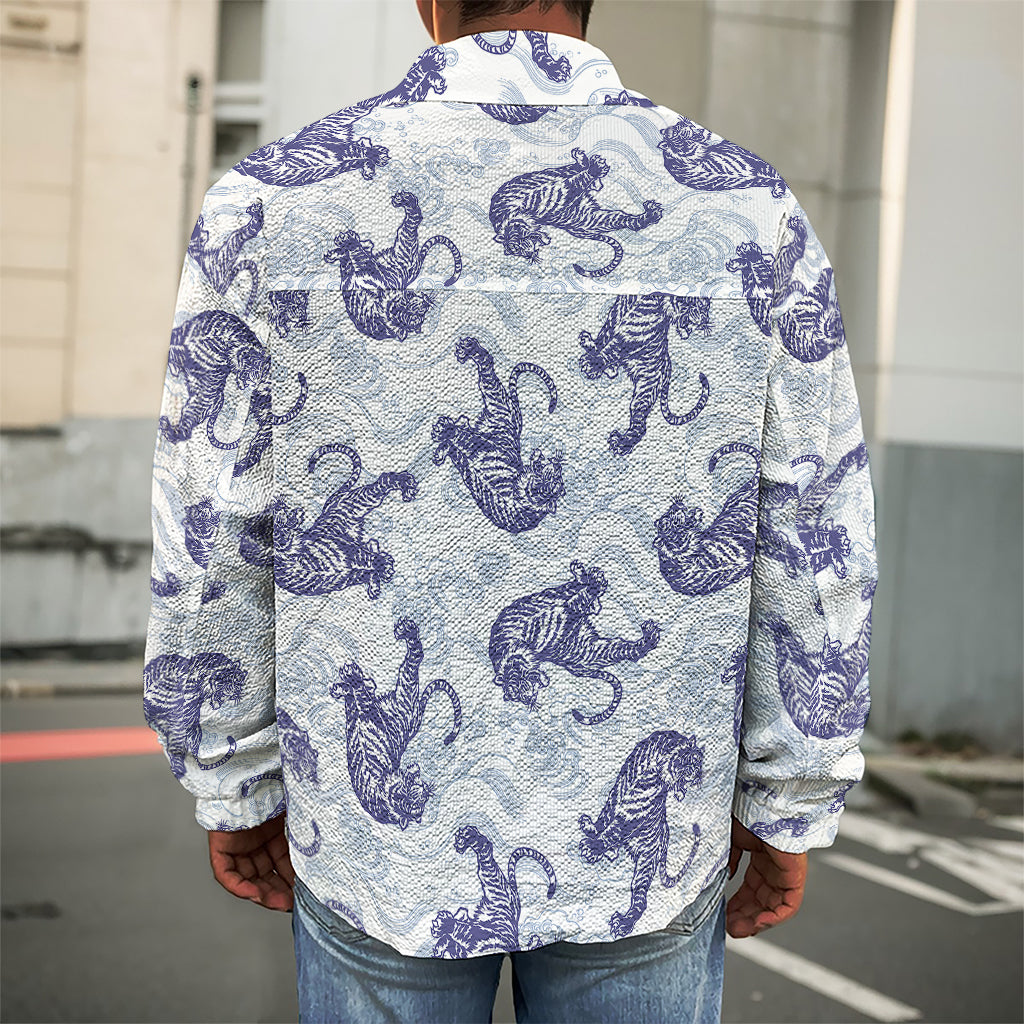 Japanese White Tiger Pattern Print Men's Shirt Jacket
