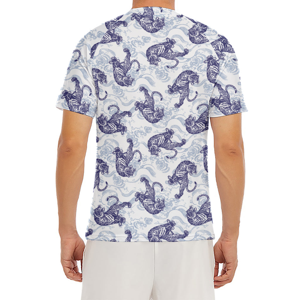 Japanese White Tiger Pattern Print Men's Short Sleeve Rash Guard