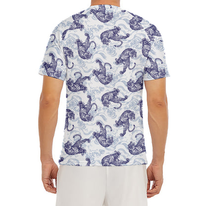 Japanese White Tiger Pattern Print Men's Short Sleeve Rash Guard