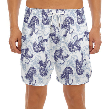 Japanese White Tiger Pattern Print Men's Split Running Shorts