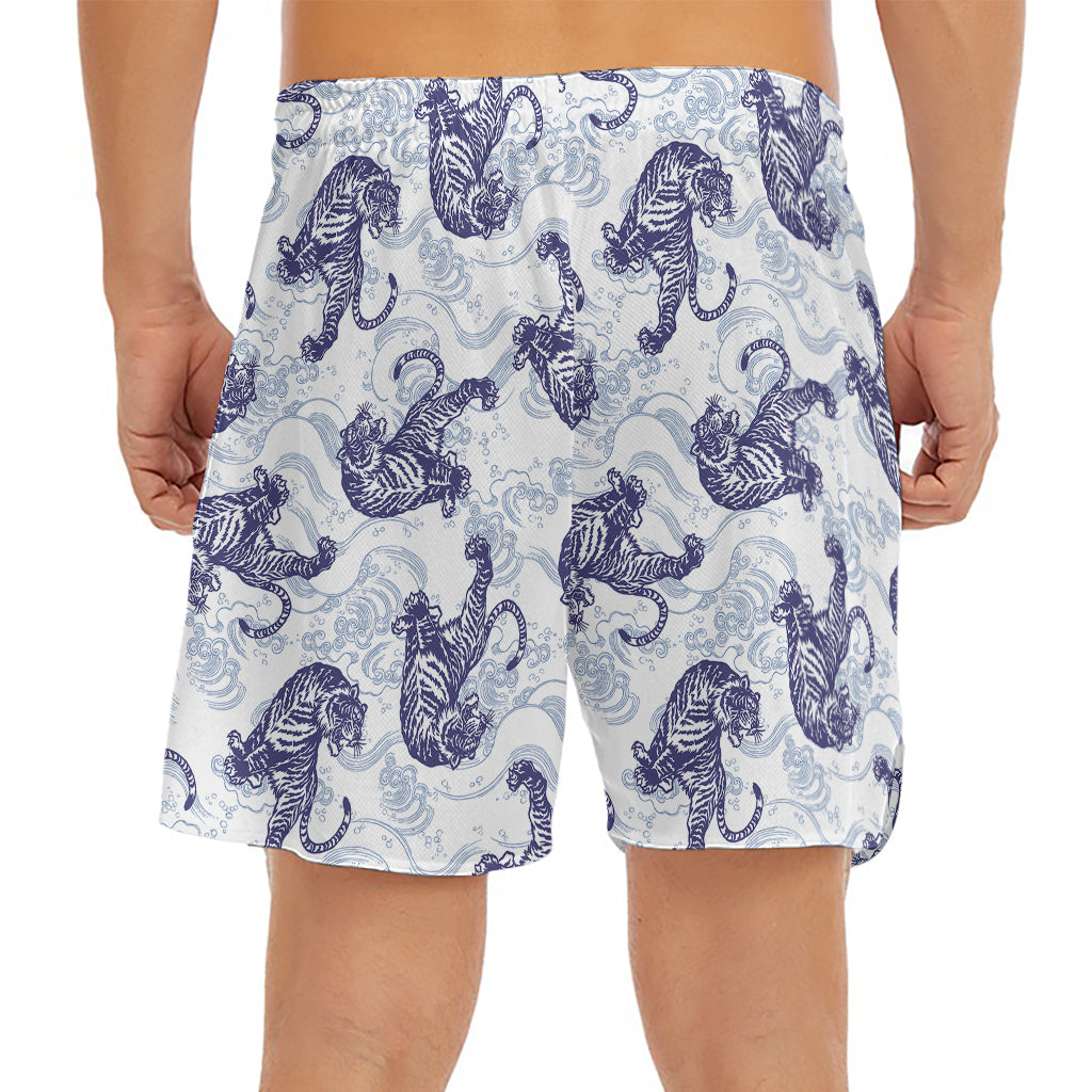 Japanese White Tiger Pattern Print Men's Split Running Shorts