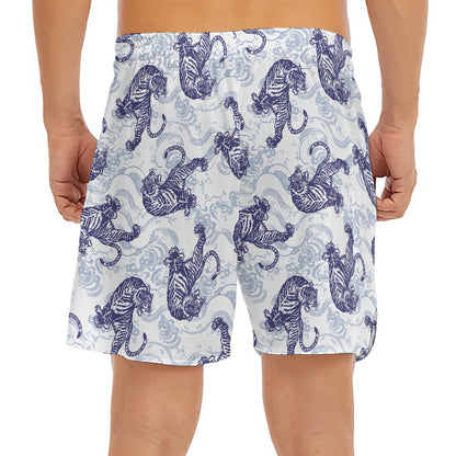 Japanese White Tiger Pattern Print Men's Split Running Shorts