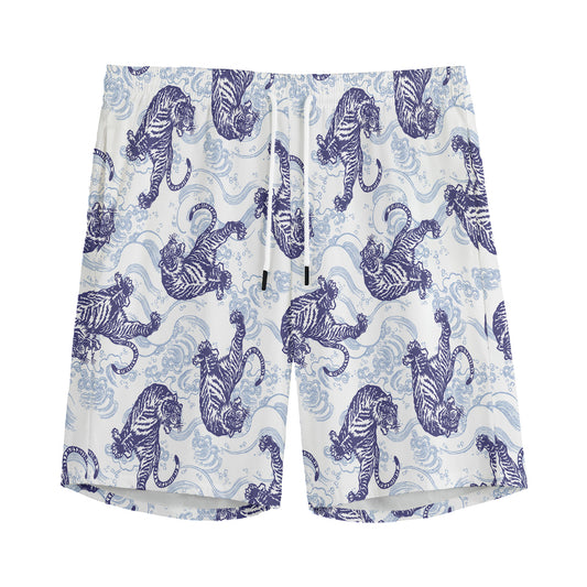 Japanese White Tiger Pattern Print Men's Sports Shorts