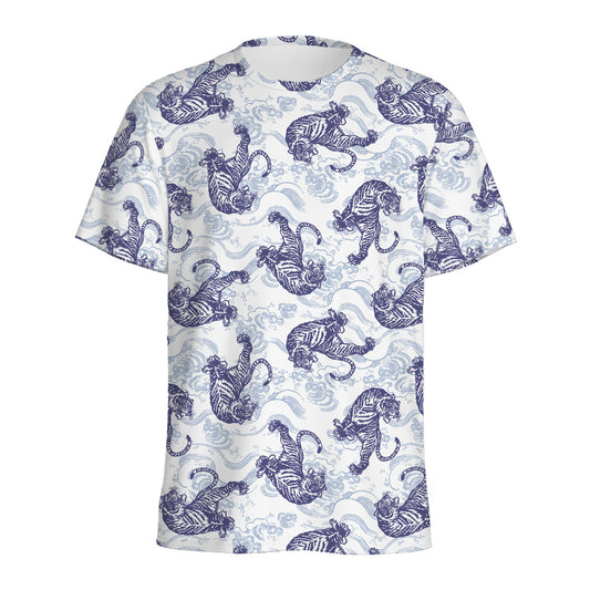Japanese White Tiger Pattern Print Men's Sports T-Shirt