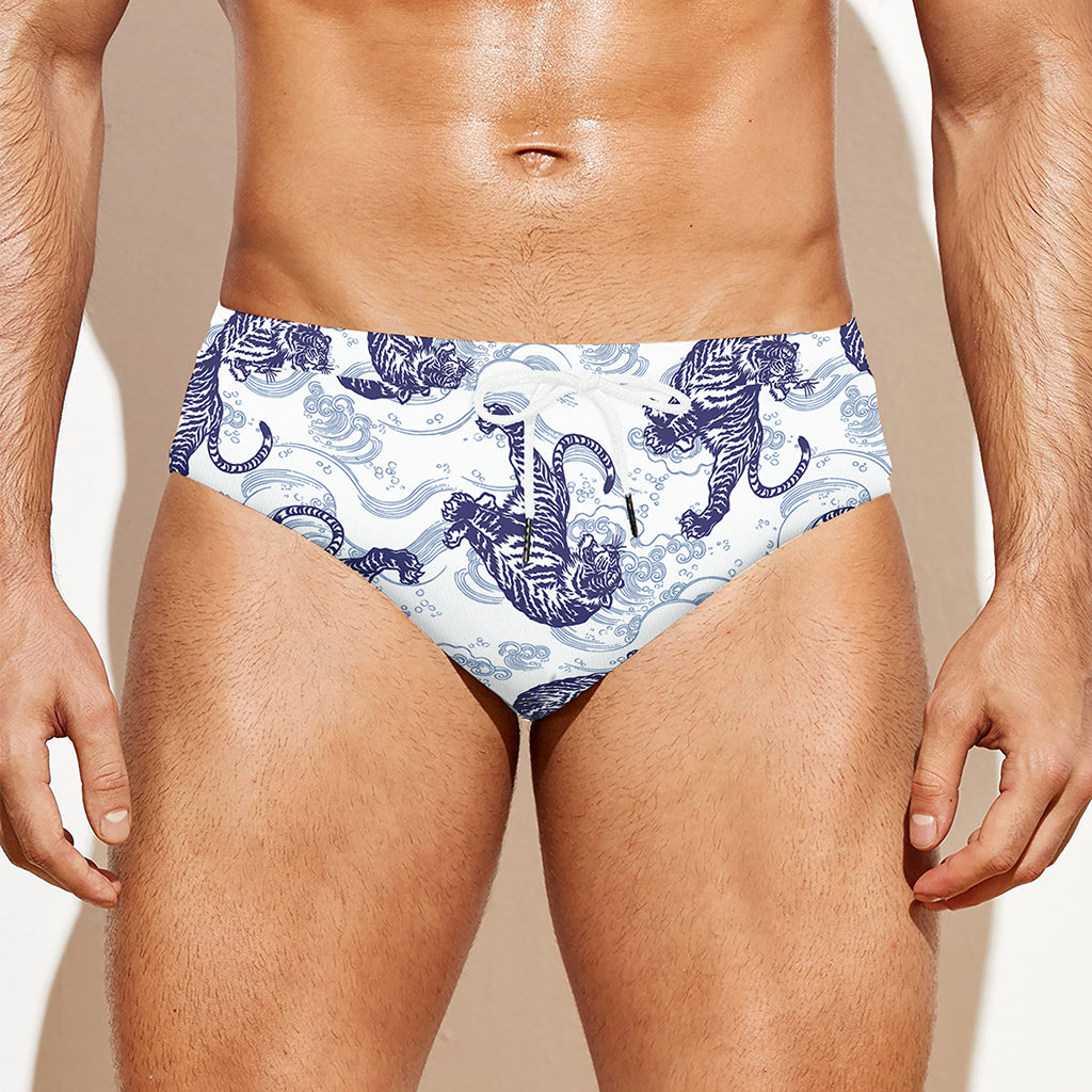 Japanese White Tiger Pattern Print Men's Swim Briefs
