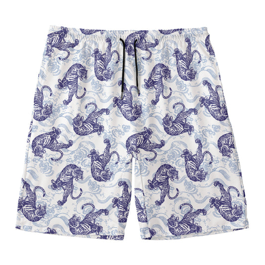 Japanese White Tiger Pattern Print Men's Swim Trunks