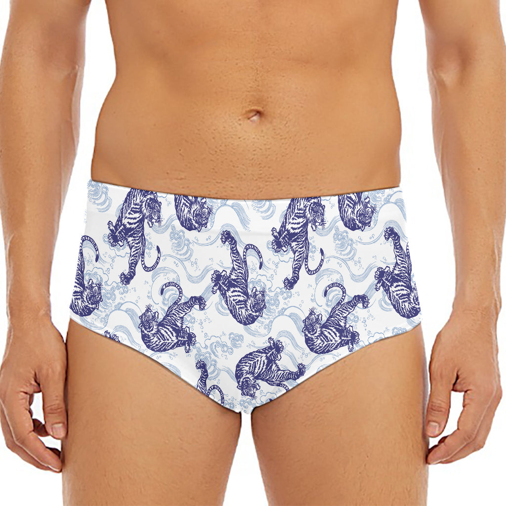 Japanese White Tiger Pattern Print Men's Triangle Swim Briefs