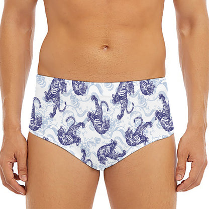 Japanese White Tiger Pattern Print Men's Triangle Swim Briefs