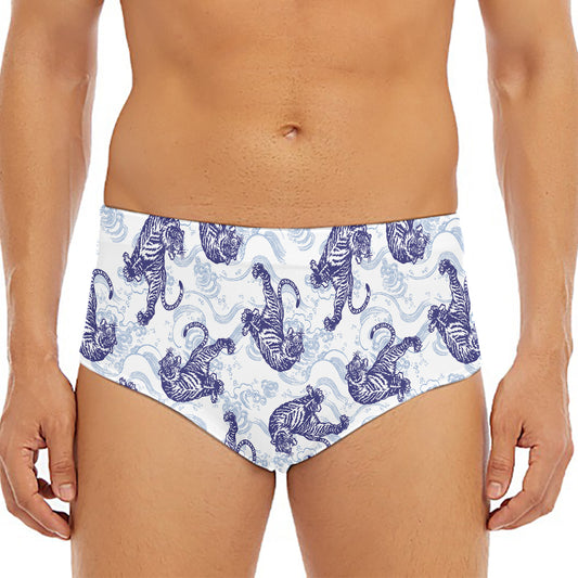 Japanese White Tiger Pattern Print Men's Triangle Swim Briefs