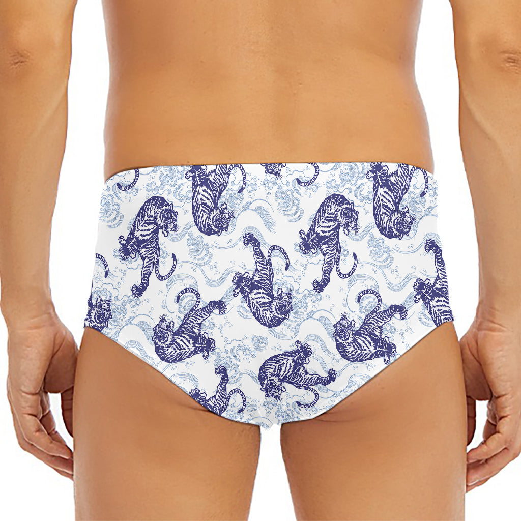 Japanese White Tiger Pattern Print Men's Triangle Swim Briefs