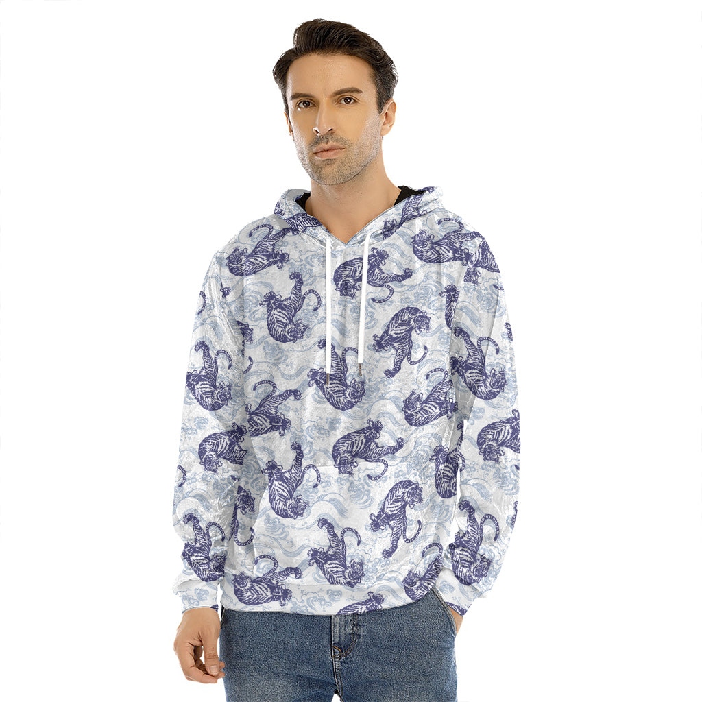 Japanese White Tiger Pattern Print Men's Velvet Pullover Hoodie