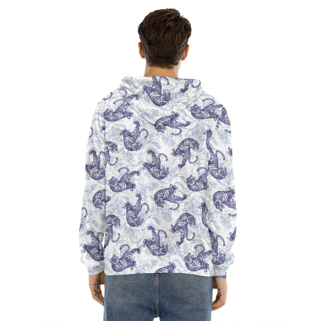 Japanese White Tiger Pattern Print Men's Velvet Pullover Hoodie