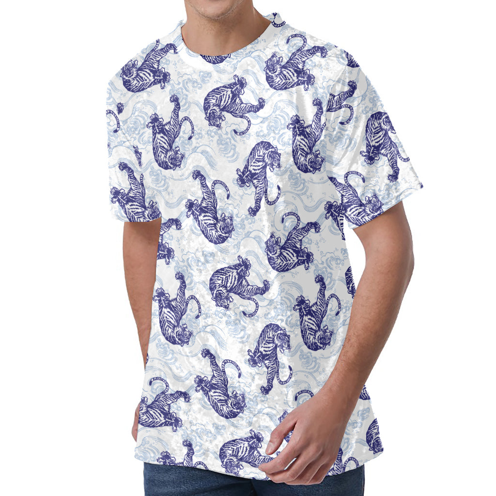 Japanese White Tiger Pattern Print Men's Velvet T-Shirt