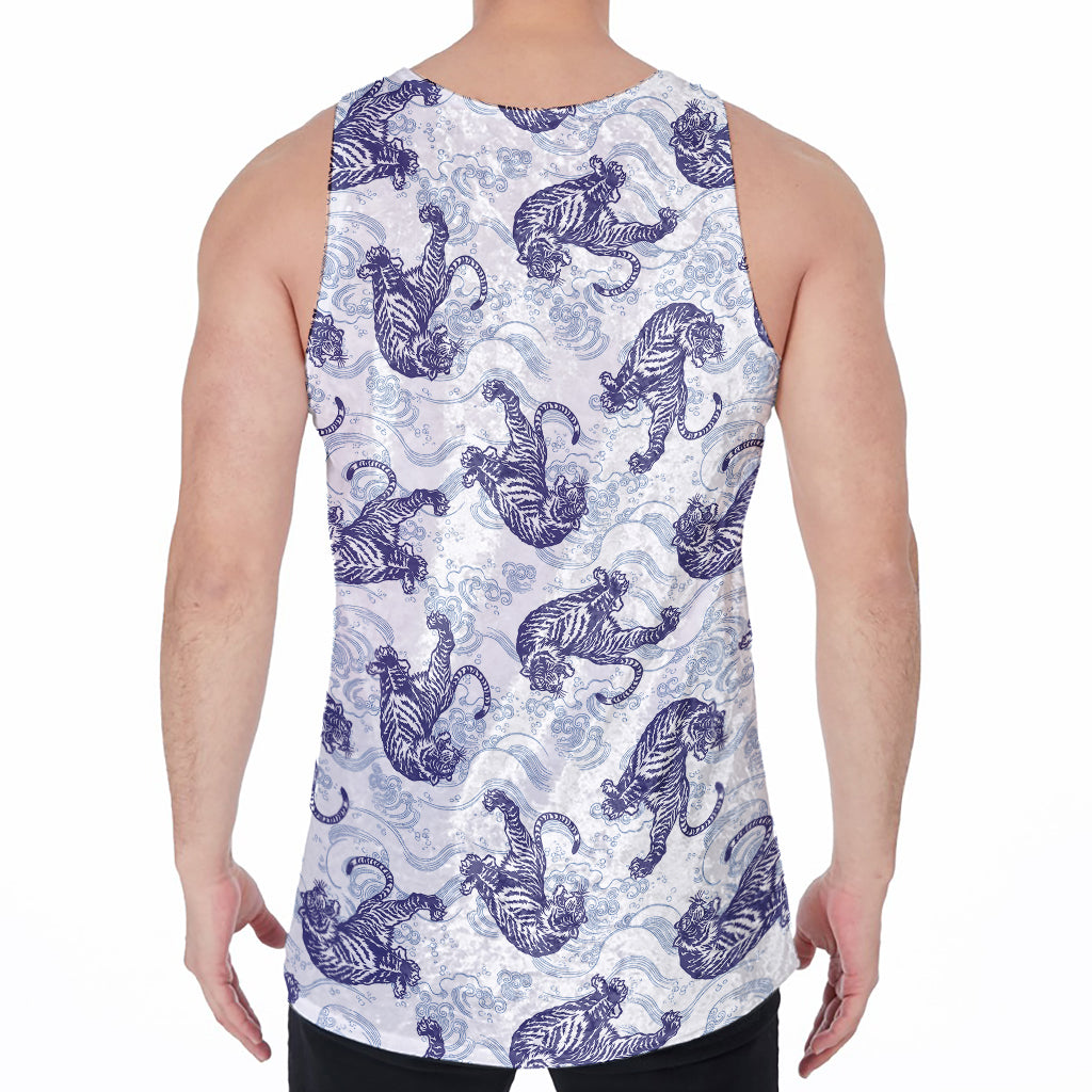 Japanese White Tiger Pattern Print Men's Velvet Tank Top