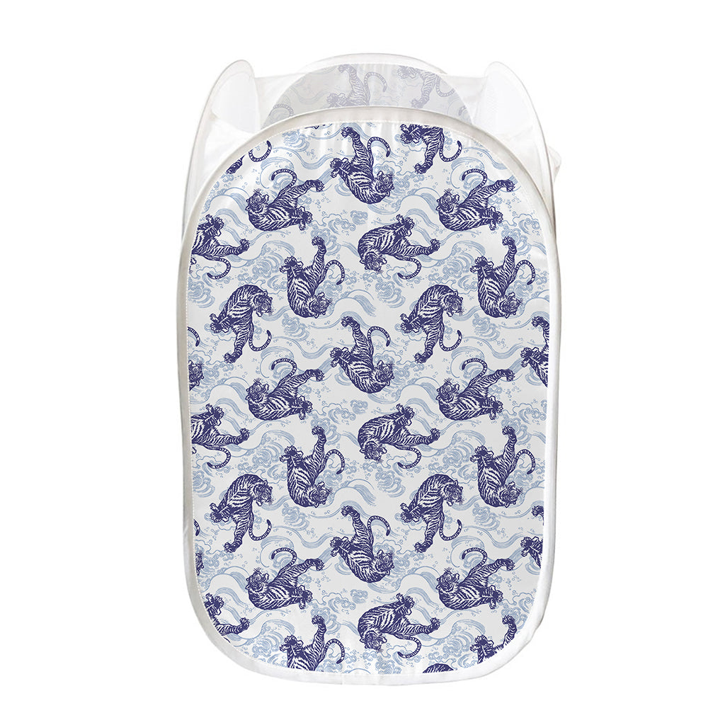 Japanese White Tiger Pattern Print Mesh Laundry Hamper