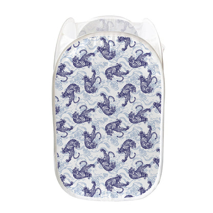 Japanese White Tiger Pattern Print Mesh Laundry Hamper