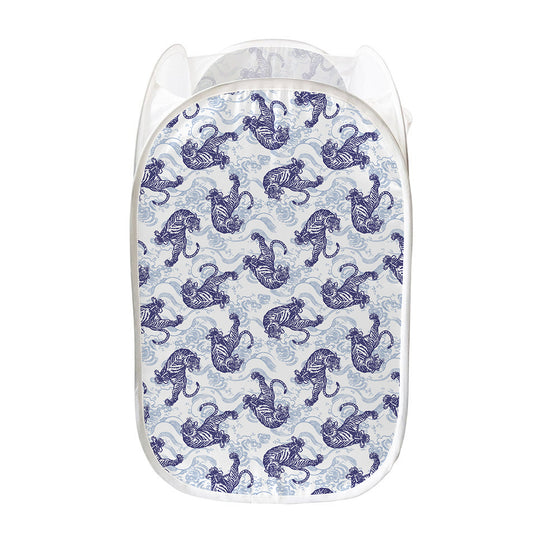 Japanese White Tiger Pattern Print Mesh Laundry Hamper