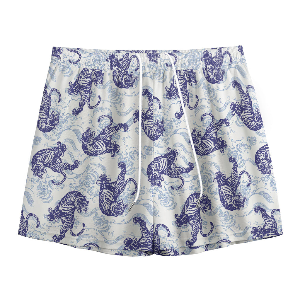 Japanese White Tiger Pattern Print Mesh Shorts