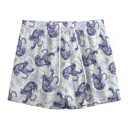 Japanese White Tiger Pattern Print Mesh Shorts