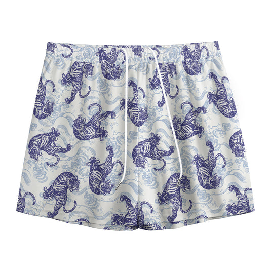 Japanese White Tiger Pattern Print Mesh Shorts