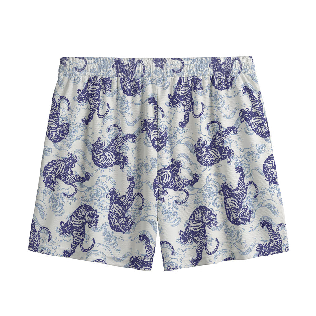 Japanese White Tiger Pattern Print Mesh Shorts
