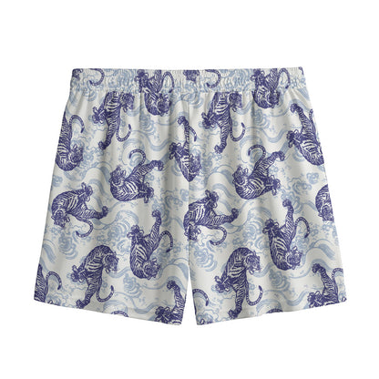 Japanese White Tiger Pattern Print Mesh Shorts