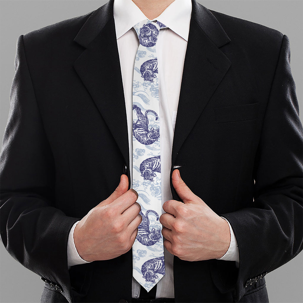 Japanese White Tiger Pattern Print Necktie