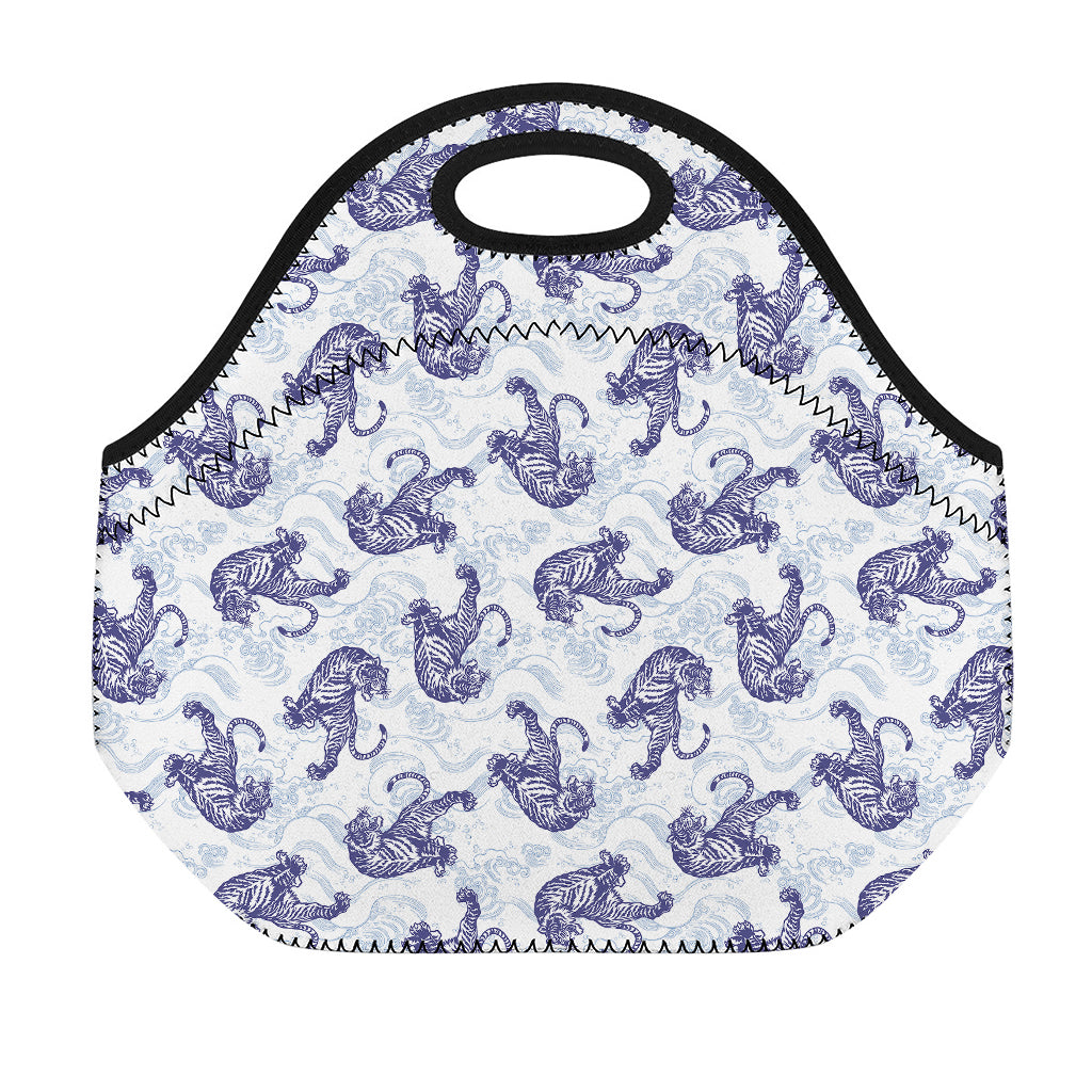 Japanese White Tiger Pattern Print Neoprene Lunch Bag