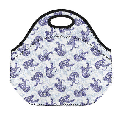 Japanese White Tiger Pattern Print Neoprene Lunch Bag