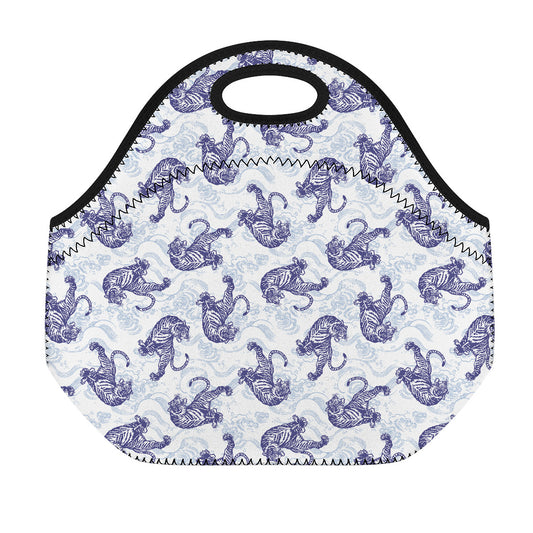 Japanese White Tiger Pattern Print Neoprene Lunch Bag