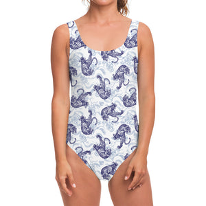Japanese White Tiger Pattern Print One Piece Swimsuit