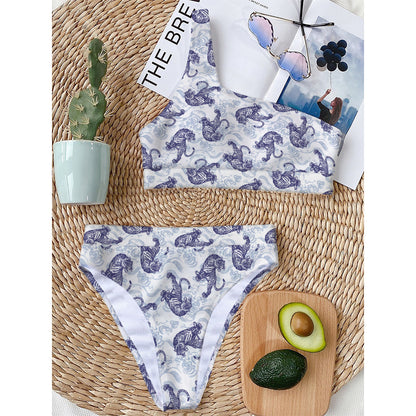 Japanese White Tiger Pattern Print One Shoulder Bikini Top