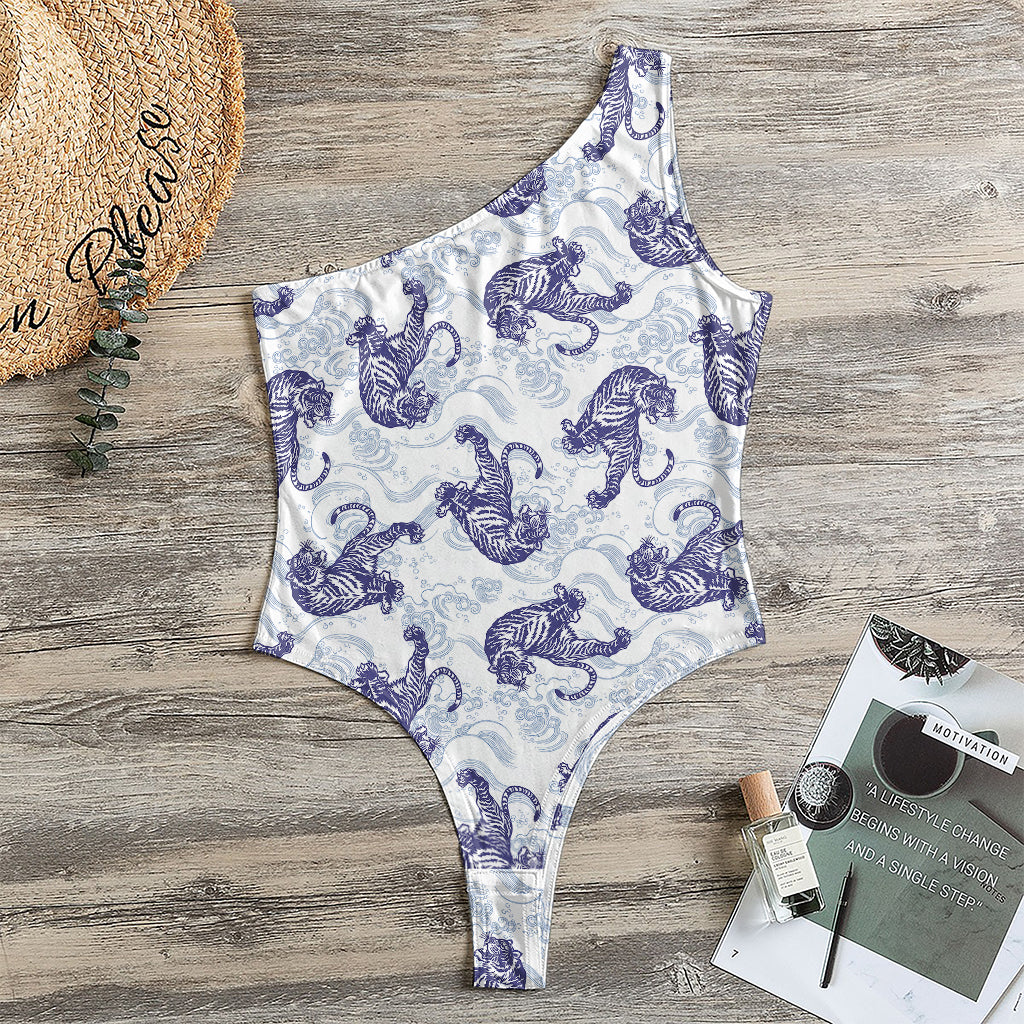 Japanese White Tiger Pattern Print One Shoulder Bodysuit