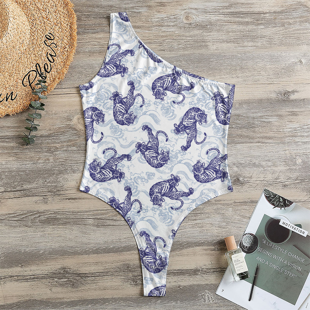 Japanese White Tiger Pattern Print One Shoulder Bodysuit