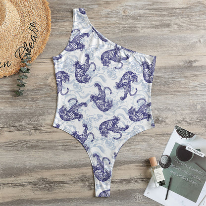 Japanese White Tiger Pattern Print One Shoulder Bodysuit