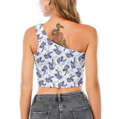 Japanese White Tiger Pattern Print One Shoulder Crop Top