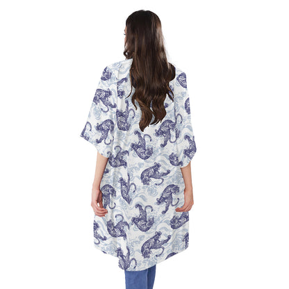 Japanese White Tiger Pattern Print Open Front Beach Cover Up