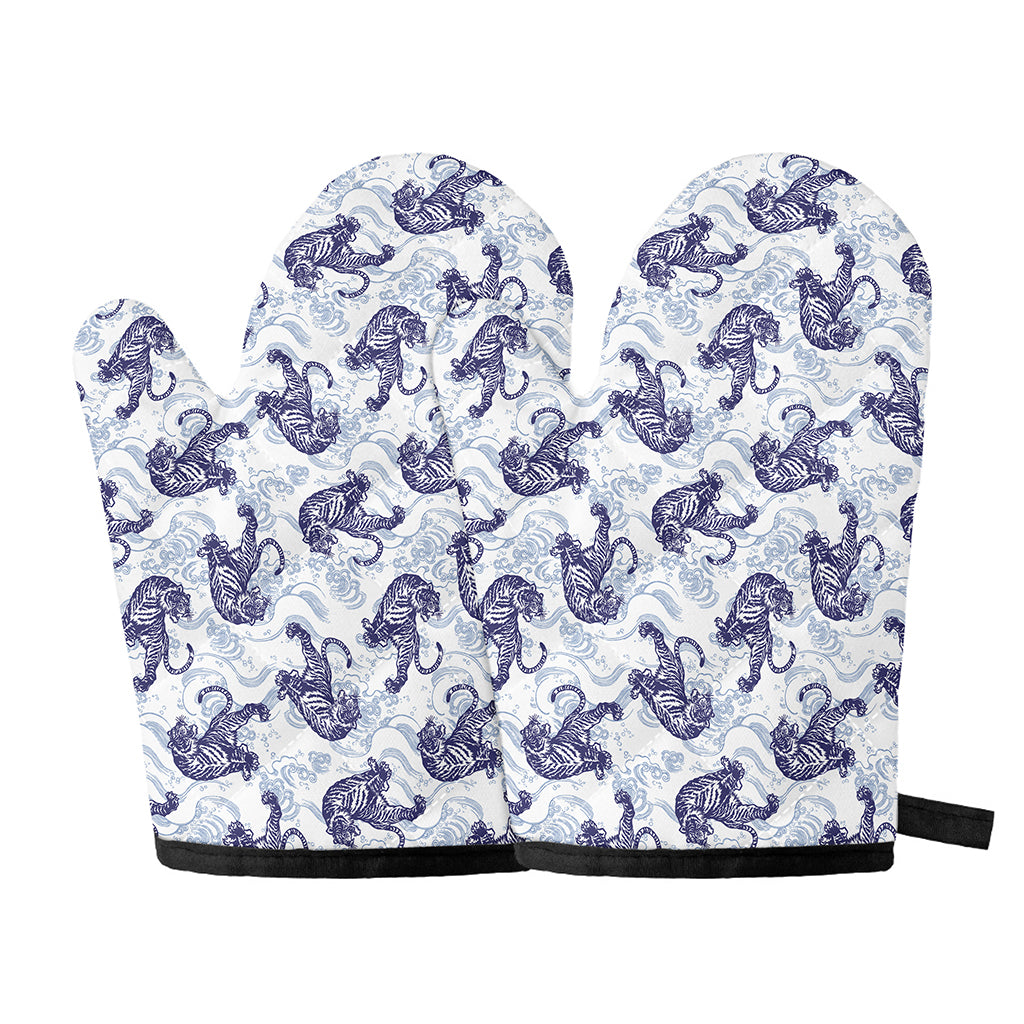 Japanese White Tiger Pattern Print Oven Mitts