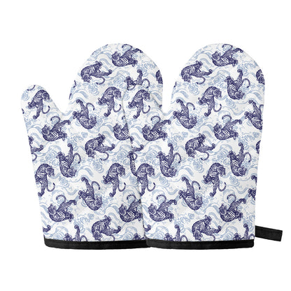 Japanese White Tiger Pattern Print Oven Mitts