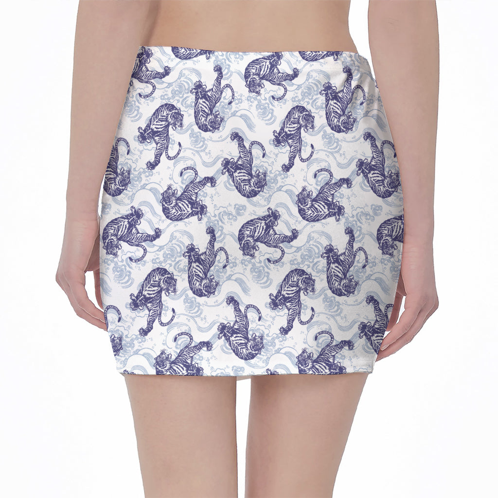 Japanese White Tiger Pattern Print Pencil Mini Skirt