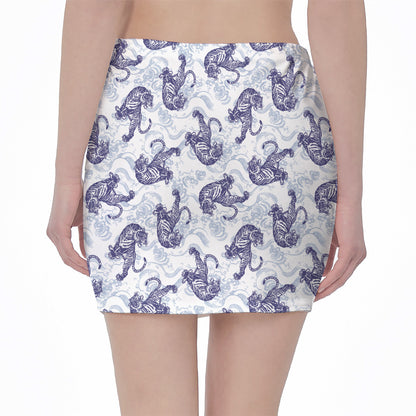 Japanese White Tiger Pattern Print Pencil Mini Skirt