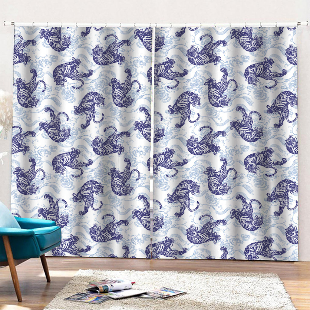 Japanese White Tiger Pattern Print Pencil Pleat Curtains