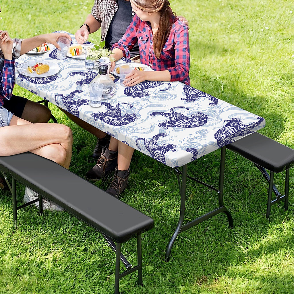 Japanese White Tiger Pattern Print Picnic Table Cover