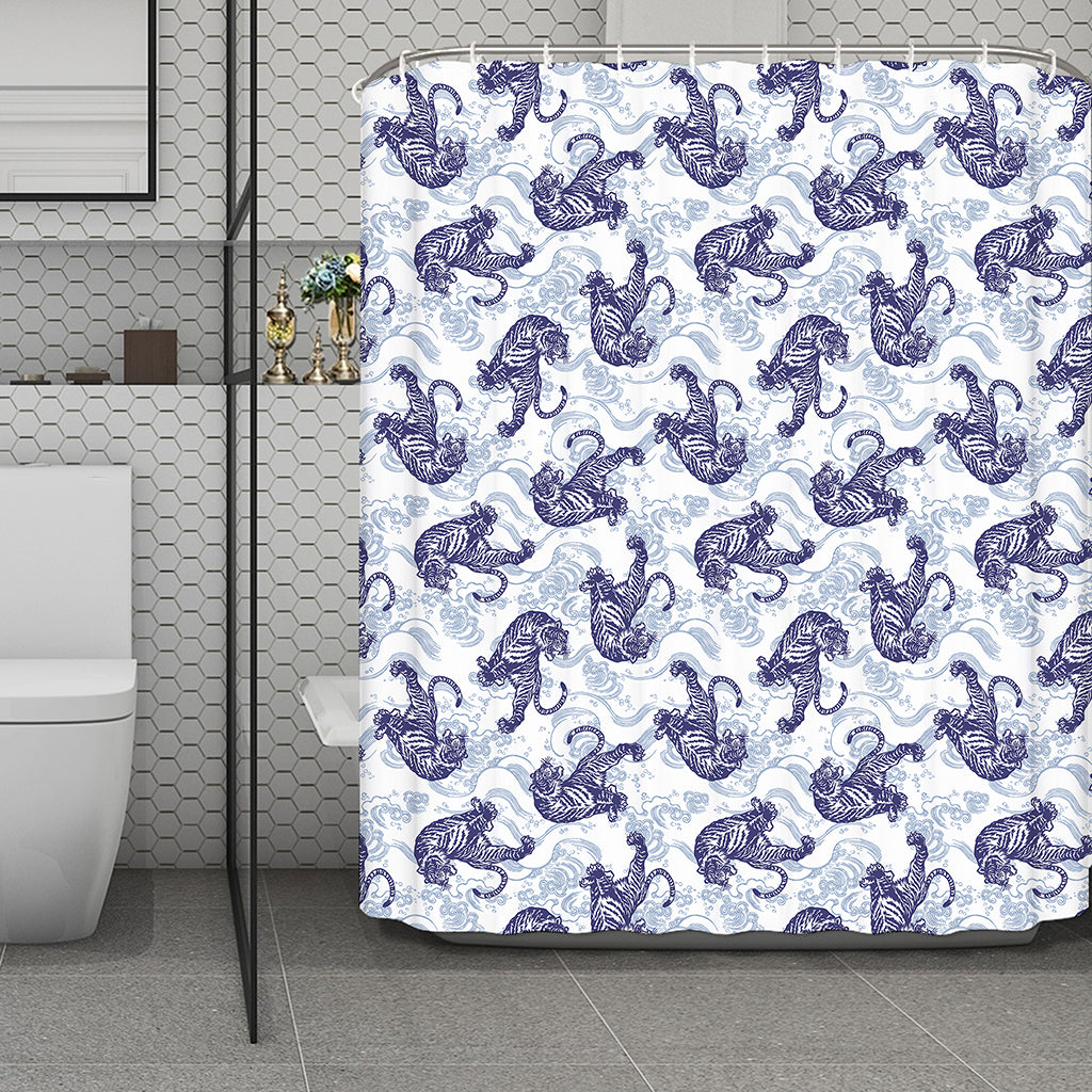 Japanese White Tiger Pattern Print Polyester Shower Curtain